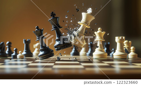 Black and white chess pieces collide dramatically on wooden board. ai generative 122323660