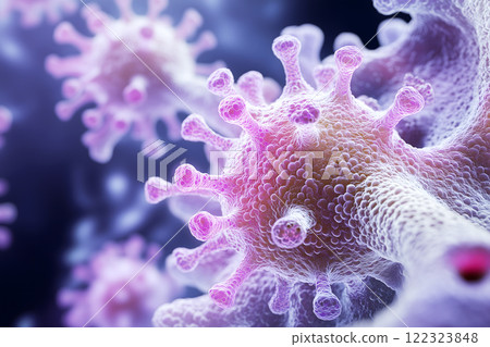 Microscopic view of COVID 19 virus with detailed structure and vibrant colors. ai generative 122323848