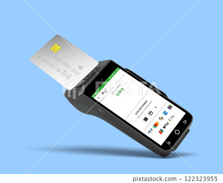 contactless payment by card through the terminal 3d render image on blue contactless payment by card through the terminal 3d render image on blue 122323955