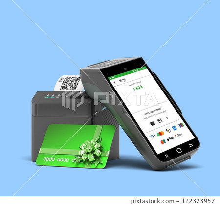 contactless payment with a gift card through the payment receipt terminal 3d render mockup on blue contactless payment with a gift card through the payment receipt terminal 3d render mockup on blue 122323957