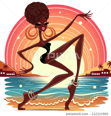 African American woman dancing on the background of the ocean and sun. sunny vector illustration poster African American woman dancing on the background of the ocean and sun. sunny vector illustration poster 122323985