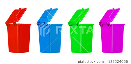 Set multi colors recycling bins with open lid isolated on white background. Garbage, trash bin. 122324066