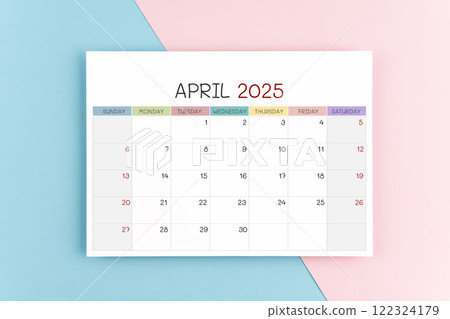 April 2025 calendar page on blue and pink background. 122324179