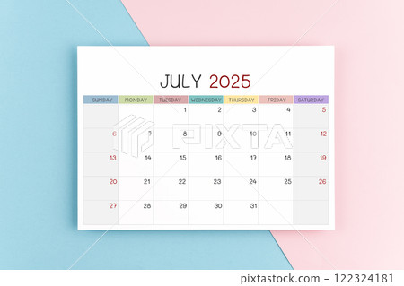 July 2025 calendar page on blue and pink background. 122324181
