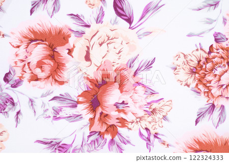Fragment of colorful retro tapestry textile pattern with floral ornament useful as background. Floral textile or cloth, macro shot. 122324333