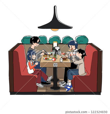 Hand-drawn illustration of a family eating at a family restaurant 122324830