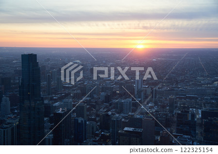 View of Chicago cityscape at sunset from a Chicago skyscraper 122325154