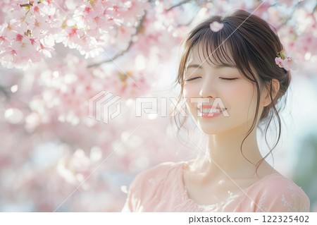 盛開的櫻花和年輕的日本女人 盛開的櫻花和年輕的日本女人 122325402