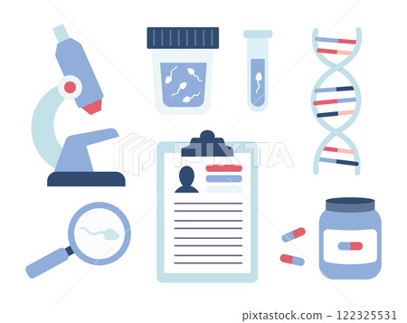Sperm test analysis. Microscope, medical sample and tablet in flat style. Vector illustration 122325531
