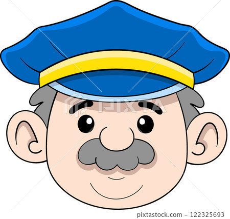 Friendly Cartoon Old Policeman Mascot with Blue Cap Friendly Cartoon Old Policeman Mascot with Blue Cap 122325693