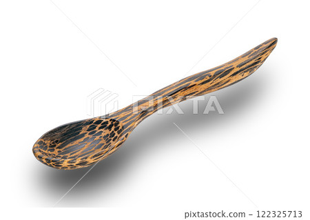 High angle view of wooden spoon isolated on white background. 122325713