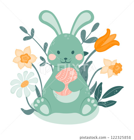 Bunny sits and holds a painted egg on a background of flowers in his paws. Vector illustration in a flat style. Bunny sits and holds a painted egg on a background of flowers in his paws. Vector illustration in a flat style. 122325858