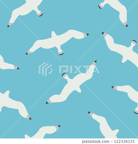 Seagull seamless pattern. Flying birds repeating background. Flat vector illustration for poster, wallpaper, wrapping, cover, textile. 122326155