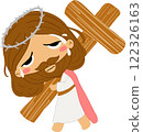 Jesus is carrying the cross.Jesus on Easter Day story clipart illustrating the resurrection of Christ and the passion narrative as a symbol of Christian faith and salvation on Easter Sunday for religi 122326163