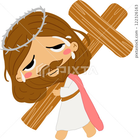 Jesus is carrying the cross.Jesus on Easter Day story clipart illustrating the resurrection of Christ and the passion narrative as a symbol of Christian faith and salvation on Easter Sunday for religi Jesus is carrying the cross.Jesus on Easter Day story clipart illustrating the resurrection of Christ and the passion narrative as a symbol of Christian faith and salvation on Easter Sunday for religi 122326163
