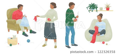 African American man and woman knitting sitting in a chair, woman stands and holds a knitted mitten and a ball of thread in her hands, man stands with knitting needles and balls of thread in his hand 122326358