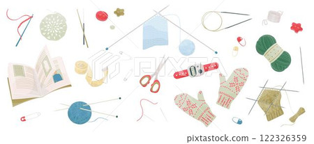 set of elements about knitting, knitting needles, crochet, balls of wool, pins, scissors, row counter, stitch markers, buttons, knitted mittens 122326359
