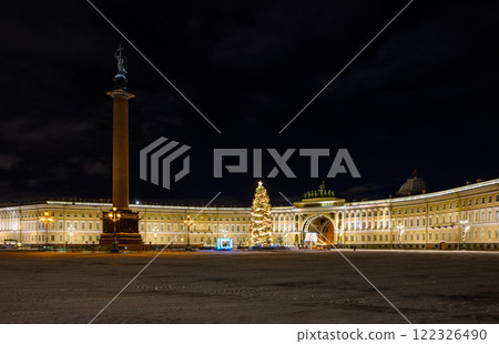 New Year's Petersburg. Christmas tree on Palace Square against the backdrop of the Winter Palace Hermitage in St. Petersburg on a winter night. New Year's Petersburg. Christmas tree on Palace Square against the backdrop of the Winter Palace Hermitage in St. Petersburg on a winter night. 122326490