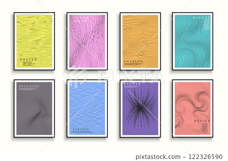 Collection of colorful art striped covers, templates, backgrounds, placards, brochures, banners, flyers and etc. Creative minimalistic posters with curve lines texture. Contemporary design Collection of colorful art striped covers, templates, backgrounds, placards, brochures, banners, flyers and etc. Creative minimalistic posters with curve lines texture. Contemporary design 122326590