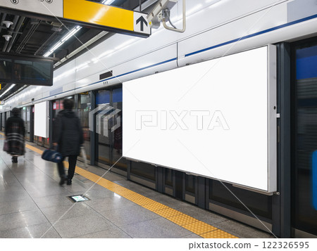 Blank Billboard Banner Media Advertisement in Subway station with people Blank Billboard Banner Media Advertisement in Subway station with people 122326595