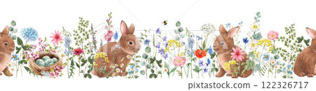 Happy Easter watercolor seamless horizontal pattern, border with cute Easter rabbits, spring flowers and herbs. Happy Easter watercolor seamless horizontal pattern, border with cute Easter rabbits, spring flowers and herbs. 122326717