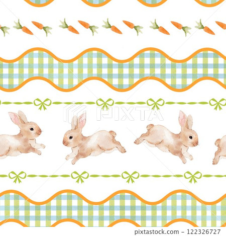 A delightful Easter-themed pattern featuring whimsical bunnies, vibrant carrots, and playful wavy stripes. The charming green checkered background is adorned with whimsical ribbon bows. 122326727