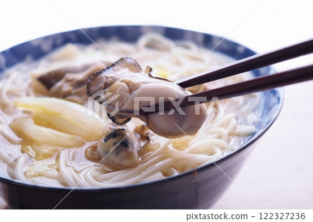 Oyster and cod noodles in Shiraishi style - A highly nutritious and easily digestible noodle dish that is gentle on the stomach and intestines of those recovering from illness. Oyster and cod noodles in Shiraishi style - A highly nutritious and easily digestible noodle dish that is gentle on the stomach and intestines of those recovering from illness. 122327236