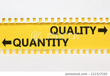 Quantity or quality symbol. Concept word Quantity or Quality on beautiful yellow paper. Beautiful white paper background. Business quantity or quality concept. Copy space. 122327293
