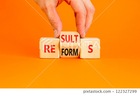 Reform and result symbol. Concept words Reforms Results on beautiful wooden block. Beautiful orange table orange background. Businessman hand. Business Reforms and results concept. Copy space. 122327299