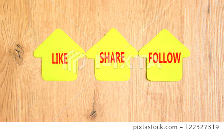 Like share follow symbol. Concept words Like Share Follow on beautiful yellow paper houses. Beautiful wooden background. Business like share follow concept. Copy space. Like share follow symbol. Concept words Like Share Follow on beautiful yellow paper houses. Beautiful wooden background. Business like share follow concept. Copy space. 122327319