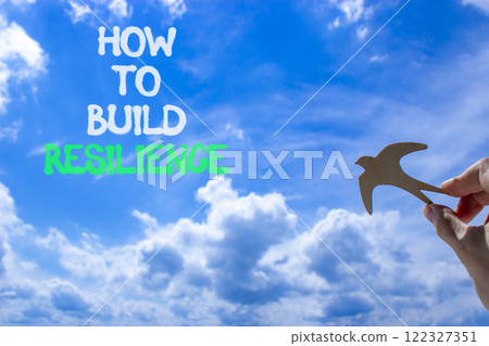 How to build resilience symbol. Concept words How to build resilience. Beautiful blue sky and clouds background. Businessman hand with wooden bird. Business how to build resilience concept. Copy space How to build resilience symbol. Concept words How to build resilience. Beautiful blue sky and clouds background. Businessman hand with wooden bird. Business how to build resilience concept. Copy space 122327351