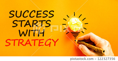 Success starts with strategy symbol. Concept words Success starts with strategy on beautiful orange paper. Beautiful orange background. Business and success starts with strategy concept. Copy space. Success starts with strategy symbol. Concept words Success starts with strategy on beautiful orange paper. Beautiful orange background. Business and success starts with strategy concept. Copy space. 122327356