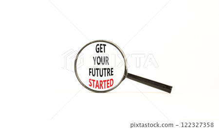 Get your future started symbol. Concept words Get your future started on beautiful magnifying glass. Beautiful white table white background. Business get your future started concept. Copy space. 122327358