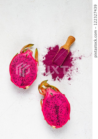 Pitaya powder , dragon fruit, freeze-dried powder , top view, no people, Pitaya powder , dragon fruit, freeze-dried powder , top view, no people, 122327439