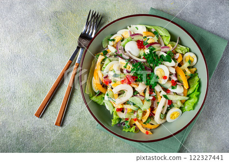 salad with squid, fresh cucumber, eggs, sweet pepper, red onion, with dressing, homemade, no people, salad with squid, fresh cucumber, eggs, sweet pepper, red onion, with dressing, homemade, no people, 122327441