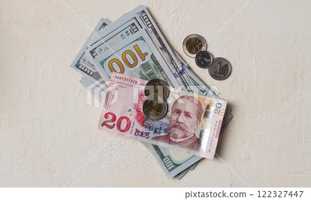 Lari, 20 GEL, Georgian monetary currency, with dollars, banknotes, top view, no people, on the table, Lari, 20 GEL, Georgian monetary currency, with dollars, banknotes, top view, no people, on the table, 122327447