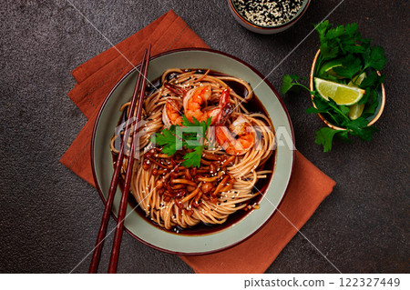 soba, buckwheat noodles, with shimeji mushrooms and tiger shrimps, homemade, no people, 122327449