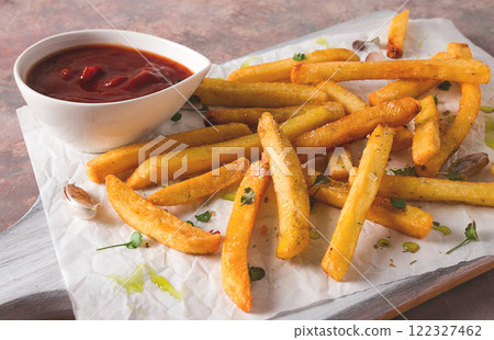 Fried French fries, in a paper bag, on an abstract background, no people, rustic, Fried French fries, in a paper bag, on an abstract background, no people, rustic, 122327462