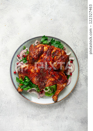 whole fried chicken, with spices, grilled chicken, on a light background, top view, homemade, no people, whole fried chicken, with spices, grilled chicken, on a light background, top view, homemade, no people, 122327463