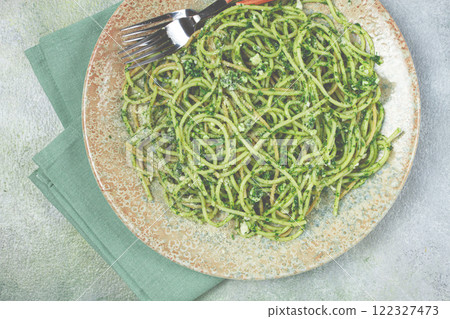 spaghetti with pesto sauce, homemade, no people, spaghetti with pesto sauce, homemade, no people, 122327473