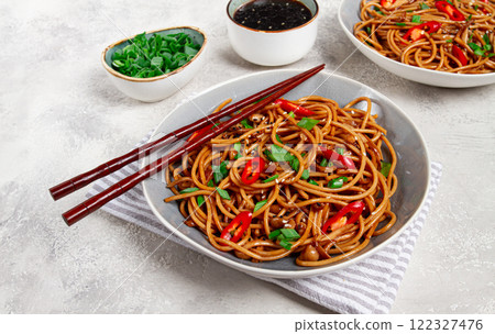 udon noodles, with shimeji mushrooms, vegetables, in sauce, with sesame seeds, green onions, Asian vegetarian food, horizontal, without people, udon noodles, with shimeji mushrooms, vegetables, in sauce, with sesame seeds, green onions, Asian vegetarian food, horizontal, without people, 122327476