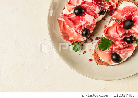 sandwich with cream cheese, prosciutto with olives , breakfast, sandwich with cream cheese, prosciutto with olives , breakfast, 122327493