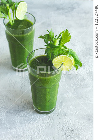 two glasses, with green smoothie, celery and spinach, apple and kiwi, cucumber, vegetable smoothie, breakfast, homemade, no people, 122327496
