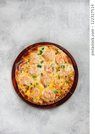 four cheese pizza with shrimp and fresh microgreens, served on a wooden board, homemade, no people, four cheese pizza with shrimp and fresh microgreens, served on a wooden board, homemade, no people, 122327514