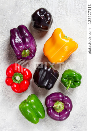 assortment, of colorful bell peppers,on a light background, top view, no people 122327518