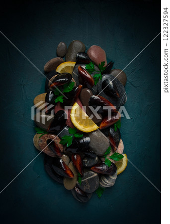 Fresh mussels, on rocks, top view, food concept, selective focus, seafood, no people, Fresh mussels, on rocks, top view, food concept, selective focus, seafood, no people, 122327594