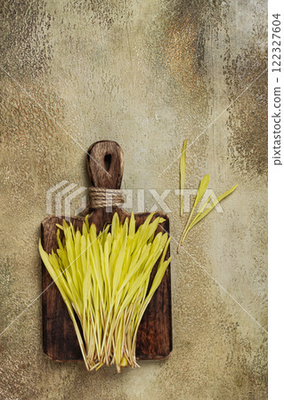 a microgrown corn, a bouquet on a cutting wooden board, no people, a microgrown corn, a bouquet on a cutting wooden board, no people, 122327604