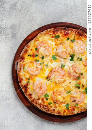 four cheese pizza with shrimp and fresh microgreens, served on a wooden board, homemade, no people, four cheese pizza with shrimp and fresh microgreens, served on a wooden board, homemade, no people, 122327612