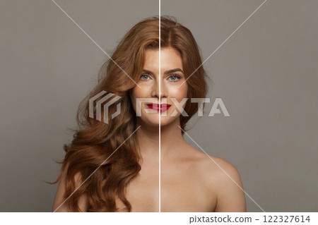 Redhead young model woman and mature woman. Two female faces collage set. Redhead young model woman and mature woman. Two female faces collage set. 122327614