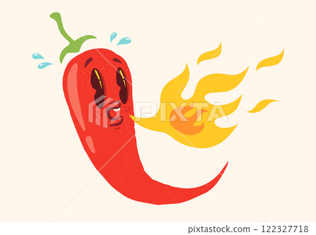 Vector illustration of a spicy chili pepper with flame in retro style. Cartoon red chili pepper for Mexican or Thai food. Vector illustration of a spicy chili pepper with flame in retro style. Cartoon red chili pepper for Mexican or Thai food. 122327718